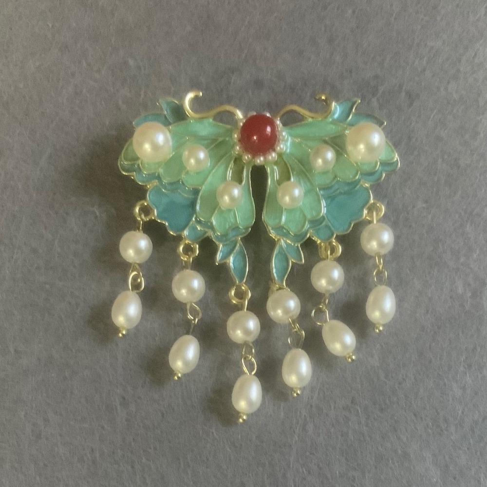 Gold Tone Enamel Butterfly Brooch Pin Pearl Tassel Hanfu Chinese Style Jewelry